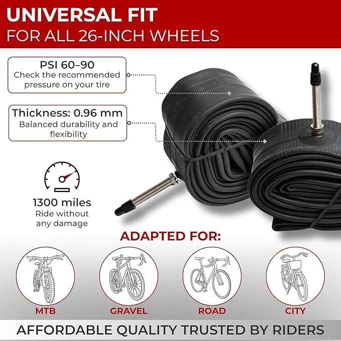 Fincci Bike Tire Tubes 26x 1.25 x 1.35 x 1.4 x 1.5 with Presta-Schrader Valve – Pair Durable 26 Inch Bike Tube - Reliable Air Retention 2X Tubes for Mountain, MTB, Road, XC, Cruiser Bikes