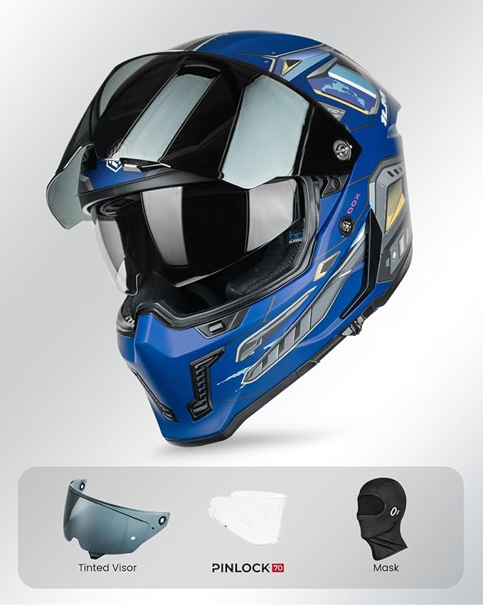 ILM Motorcycle Helmets for Adult Men Women Full Face DOT ECE Powersports Dual Visor Street Racing Helmet with Pinlock Cascos para Motos Model MF509 (Cyborg Blue, L)