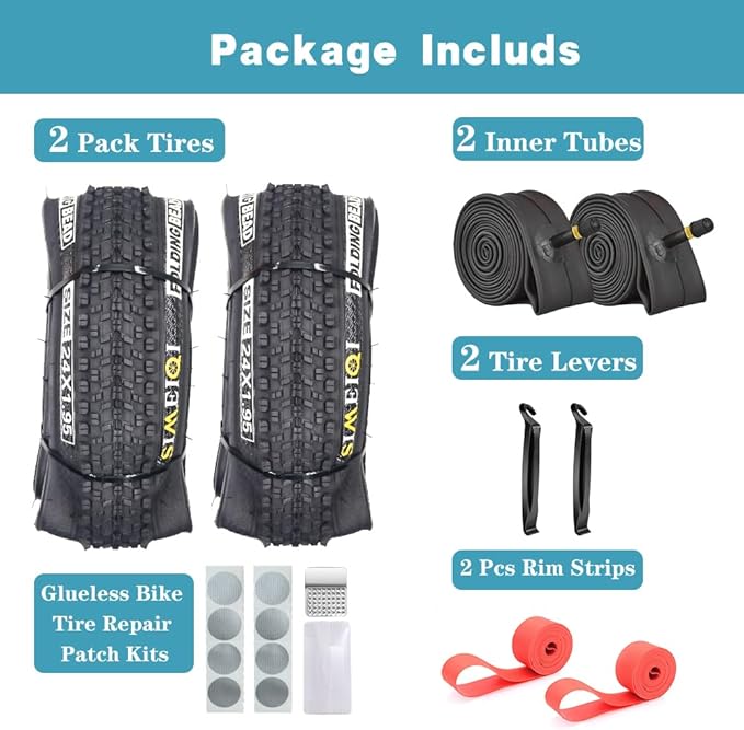 SIMEIQI 2 Pack 24/26/27.5x1.95 26x2.1 29x2.125 Inch Anti-Puncture Tires for Mountain Bike and Tubes Folding Replacement Bicycle Tyres for Hybrid Trails Commuter City Road