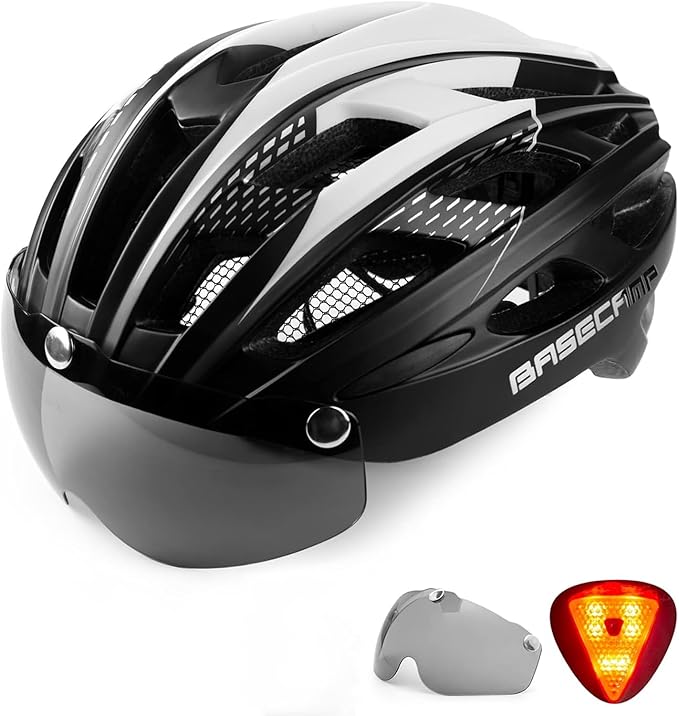 Bike Helmet, Basecamp Bicycle Helmet with Rear Light & Detachable Magnetic Goggles Lightweight Cycling Helmet Adjustable for Adult Men Women Mountain & Road (BC-069)