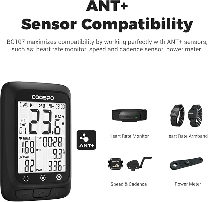 COOSPO Bike Computer GPS Wireless, ANT+ Cycling Computer GPS with Bluetooth, Multifunctional ANT+ Bicycle Computer GPS with 2.4 LCD Screen, Bike Speedometer with Auto Backlight IP67