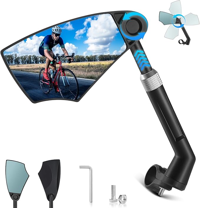 Anti-Glare Handlebar Bike Mirror, Retractable Mirror Rod & 360° HD Adjustable Lens Scratch Resistant, Folding Rear View Mirror Suitable for 20-23mm Handlebar - LEFT