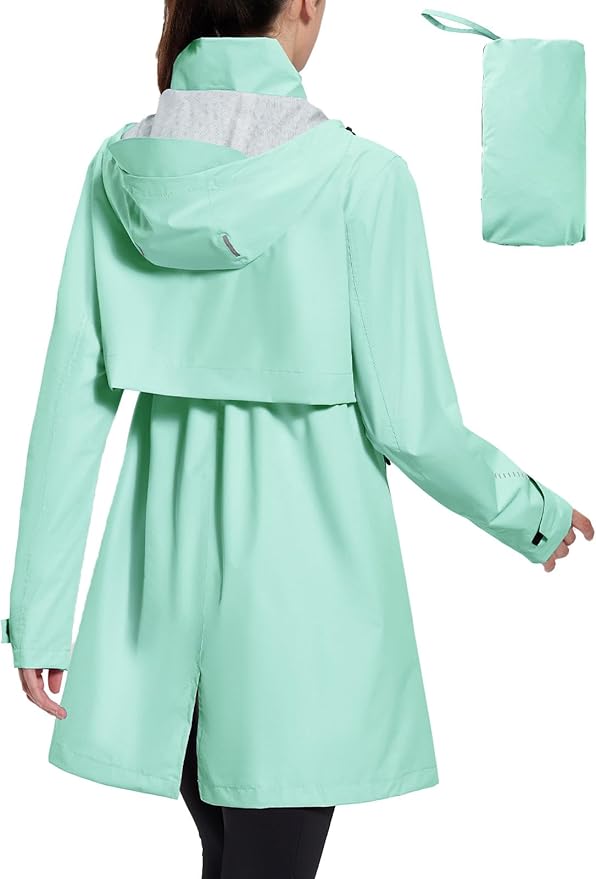baleaf Women's Long Rain Coat Packable Waterproof Windbreaker Lightweight Cycling Jacket with Hood