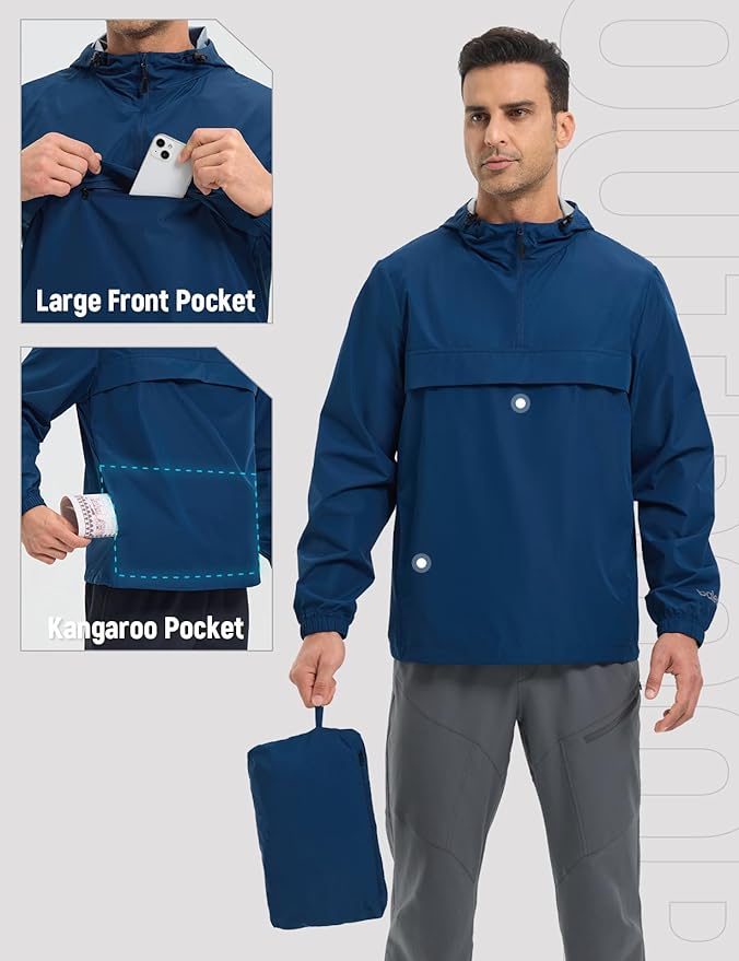 baleaf Men's Rain Jacket Water Resistant Hiking Windbreaker Packable Running Golf Gear Hood Raincoat Reflective