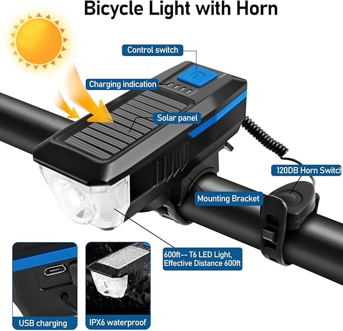 Rechargeable Solar Bike Lights, Night Ultra Bright Bicycle Lights Headlight and Back Taillight with Electric Bell, Easy to Install Waterproof, Road and Mountain LED Bike Lights