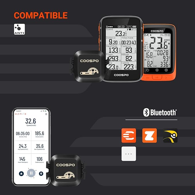 COOSPO Bike Computer GPS Wireless, ANT+ Cycling Computer GPS with Bluetooth, Multifunctional ANT+ Bicycle Computer GPS with 2.4 LCD Screen, Bike Speedometer with Auto Backlight IP67