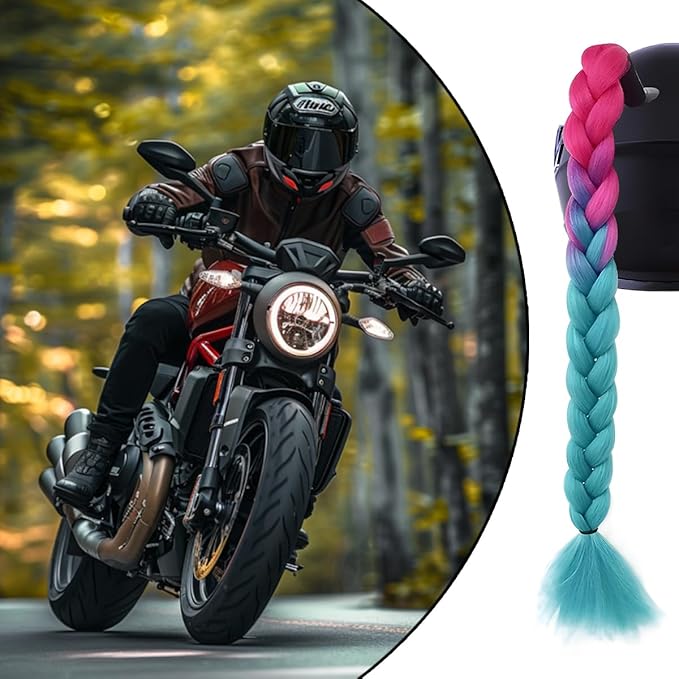 Helmet Pigtail Braids, 2PCS Motorcycle Helmet Ponytail Hair Tails Braid with Detachable Suction Cup, Hel-met Not Included, Bike Decoration Accessories, Universal for Bicycle Motorbike (Style1)