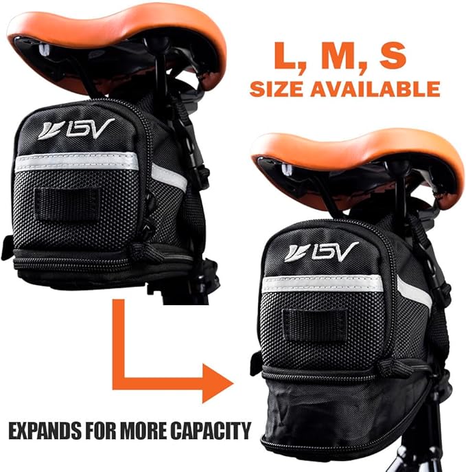 BV Strap-On Bike Bag with Reflective Material - Saddle Bag with Seperate Divider for Small Items for All Your Essentials - Bike Pouch with Taillight Hanger for Maximum Safety