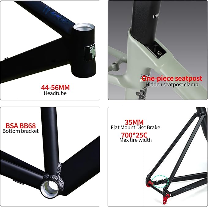700C Road Bike Frameset 50cm 52cm Aluminum Alloy Track Frame Breaking Wind Racing Cyclo-Cross Frame Thru Axle F12*100MM R12*142MM BSA BB68mm Disc Brake Carbon Fork(Matte Black,50cm)