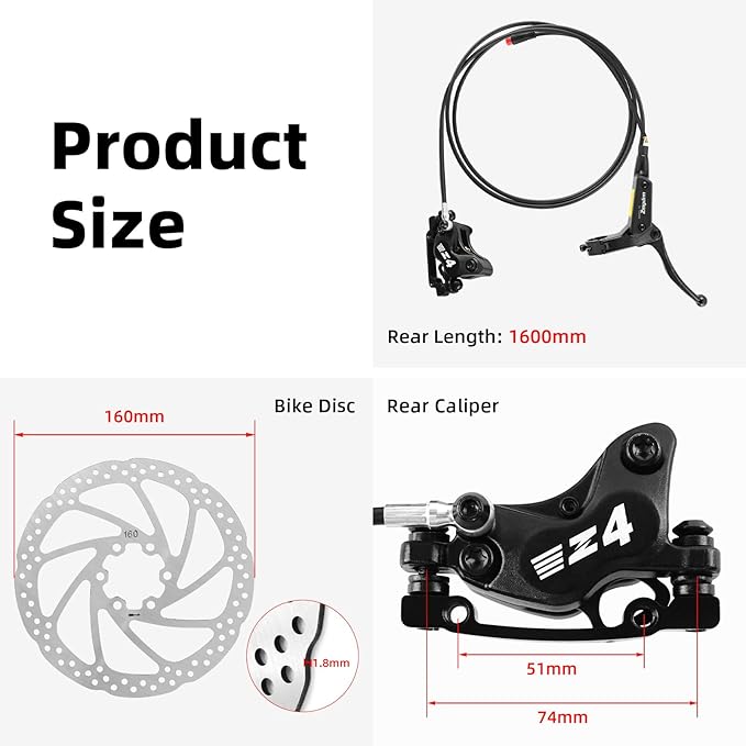 4-Pistons E-Bike Hydraulic Disc Brake Set, 2-PIN Electric Power-Off Hydraulic Brakes Set with 160mm Rotors, Pre-Bled with Mineral Oil Brakes Kit for eBike, MTB, Electric Scooters(Right Rear)
