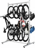 Alumium Alloy Freestanding Bike Rack for 4 Bikes, Vertical Bike Rack with 4 Bike Hooks for Heavy Duty & 2 Hooks for Accessories Tool Room Garage Storage Room Indoor Outdoor
