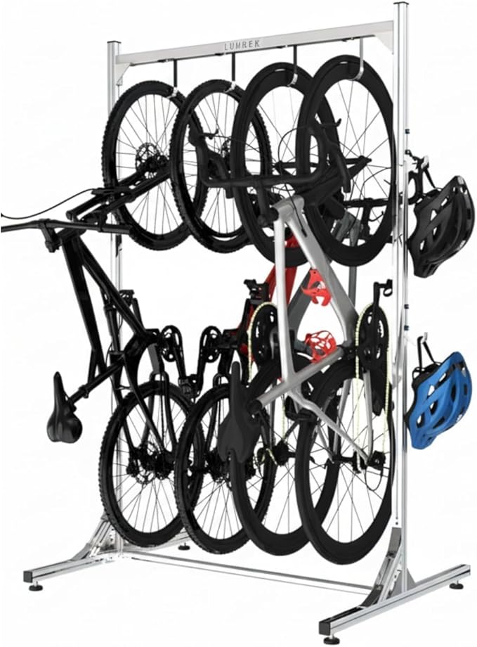 Alumium Alloy Freestanding Bike Rack for 4 Bikes, Vertical Bike Rack with 4 Bike Hooks for Heavy Duty & 2 Hooks for Accessories Tool Room Garage Storage Room Indoor Outdoor