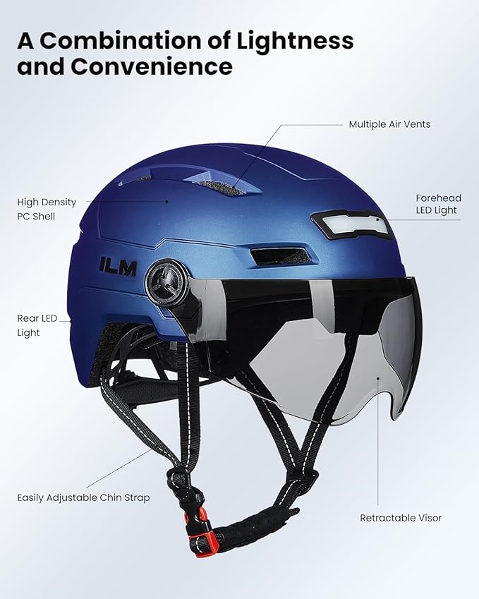 ILM Adult Bike Helmet with USB Rechargeable LED Front and Back Light Mountain&Road Bicycle Helmets for Men Women Removable Goggle Cycling Helmet E3-10L