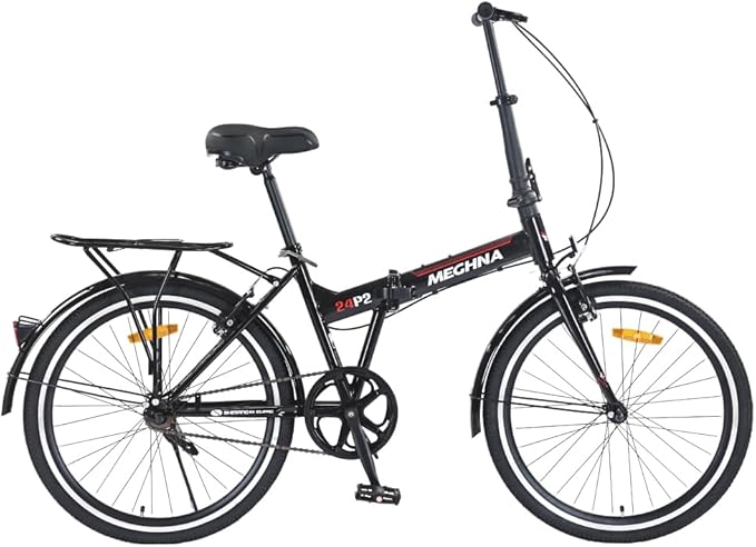 24 Inch Folding Bike for Adults, Steel Frame Single Speed City Commuter Bicycle, Dual V-Brake Portable Compact Bike with Fenders for Men Women