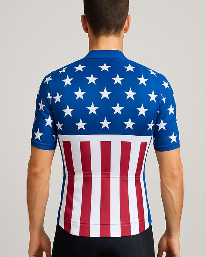 Lo.gas USA Cycling Jersey Men Short Sleeve Bike Biking Shirts American Flag Road Bicycle Clothing Full Zip with Pockets