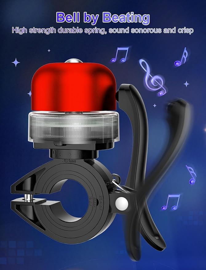 Bike Bell for Kids & Adults, Light up Bike Accessories Adjustable with Ferrules Fit for 0.74-1.25in(19-31.8mm) Bicycle Handlebars, Aluminum Made & Crisp Sound for Mountain Dirt Road Bike Ebike