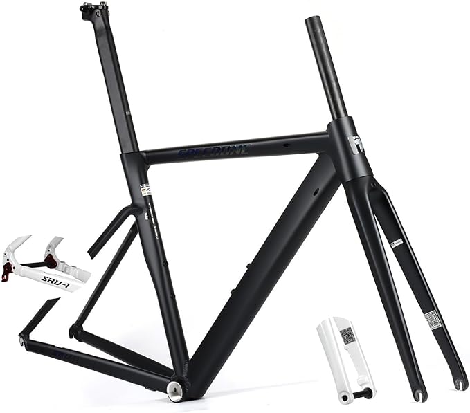 700C Road Bike Frameset 50cm 52cm Aluminum Alloy Track Frame Breaking Wind Racing Cyclo-Cross Frame Thru Axle F12*100MM R12*142MM BSA BB68mm Disc Brake Carbon Fork(Matte Black,52cm)
