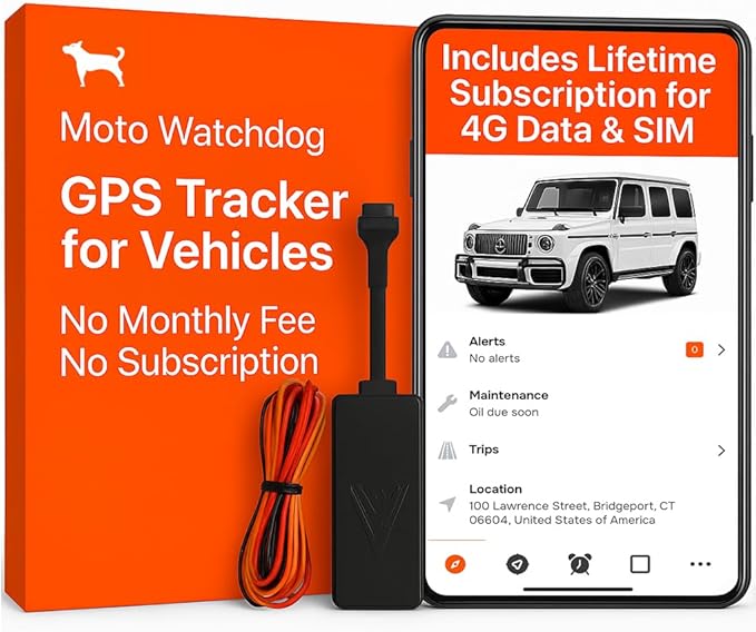 Wired GPS Tracker for Vehicles, No Subscription with Real-Time Location, Easy Install, Speeding Monitoring, Route History, Geofence, for Fleets & Families, USA, Moto Watchdog