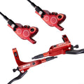 Bicycle Hydraulic Disc Brake Set with Four-Piston Calipers and Aluminum Alloy Construction for Mountain Bike Off-Road and Urban Riding Front/Rear Hose Included(Red)