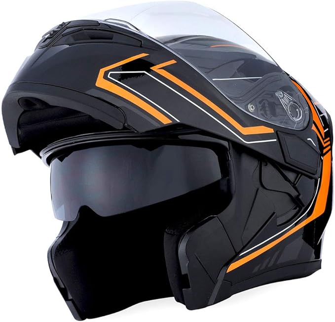 1Storm Motorcycle Modular Full Face Helmet Flip up Dual Visor Sun Shield: HB89 Arrow Orange