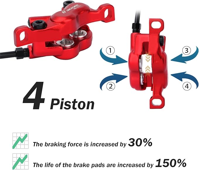 Zoom HB876E 2-PIN/3-PIN 4-Pistons E-Bike Electric Power-Off Hydraulic Brake Set with 180mm Rotors, Pre-Bled Hydraulic Disc Brake Caliper Lever for eBike (Included Mounting Adapter)