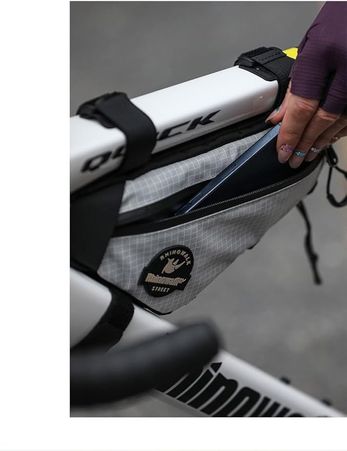 Rhinowalk Bike Frame Bag Waterproof Triangle Frame Storage Bag with Cable Port 1L Lightweight Bicycle Bag for Road Bike MTB Gravel Bike Compact Cycling Accessory with Pump Strap (White)