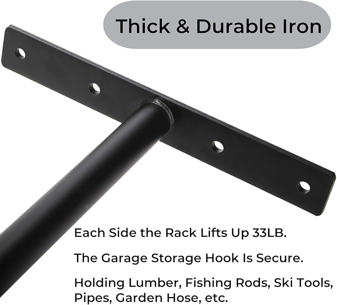4 Pack Overhead Garage Storage Hooks, 16.5" Heavy Duty Ceiling Mount Hangers, Double T-Bar Metal Ladder Ceiling Racks, Hanging for Bike, Pipe Lumber, Fishing Rod, Sports Equipment