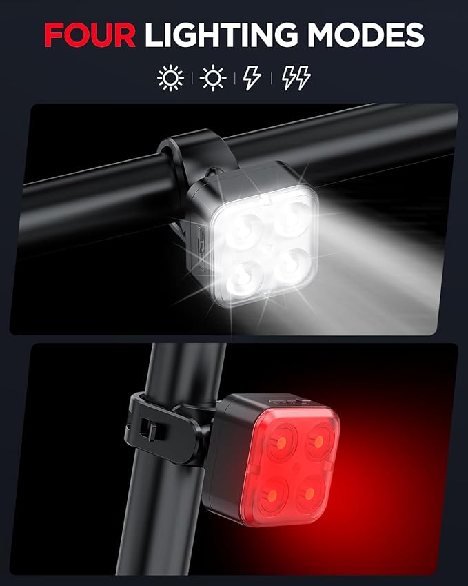 Akale Bike Lights Set, Rechargeable Bicycle Lights Front and Rear, 4 Light Mode Options, Bike Headlight, IPX4 Waterproof, Easy to Install for Men Women Road （ 2 Pack ）