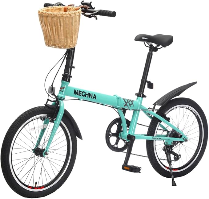 20 Inch Folding Bike for Adults, 6-Speed Steel Frame City Commuter Bicycle with Basket, Phone Holder, Fenders and Dual V-Brake, Portable Compact Foldable Cycle for Men and Women