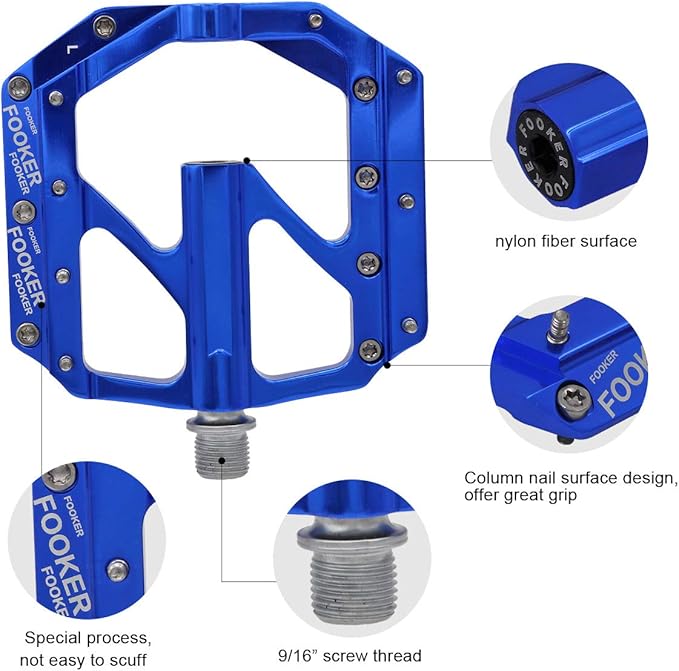 FOOKER Bike Pedals Non-Slip Aluminum Alloy MTB Mountain Bike Pedals 3 Bearing 9/16" for Road BMX MTB Bikes