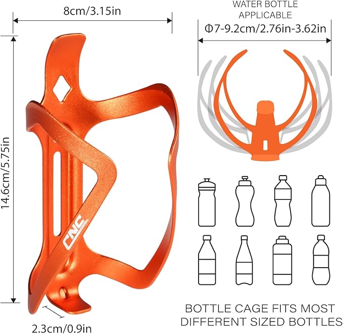 CNC Bike Water Bottle Holder, Aluminum Bike Water Bottle Cage for Road Bike/Mountain Bike 2-Pack，Orange