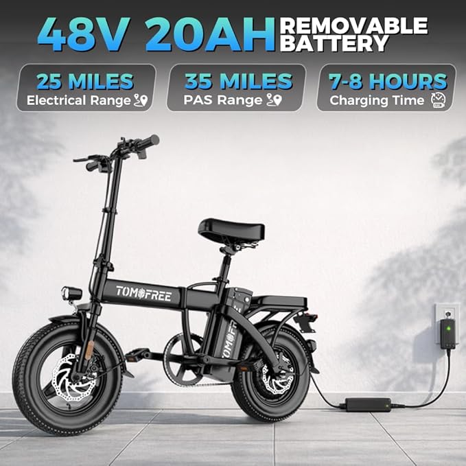 Tomofree 750W Folding Electric Bike, 48V 20AH Removable Battery, 20-25MPH, 14''x 2.1'' Tire, 25-35miles PAS, Front/Full Suspension, 200lbs Load Ebike for Adult, Adult Electric Bicycles for Commute
