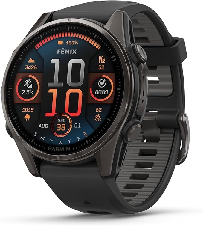 PlayBetter Garmin Fenix 8 AMOLED Sapphire (43mm, Carbon Gray DLC Titanium) Multisport GPS Smartwatch Bundle - 1.3” Touchscreen, Built-in LED Flashlight Wireless Running Earbuds