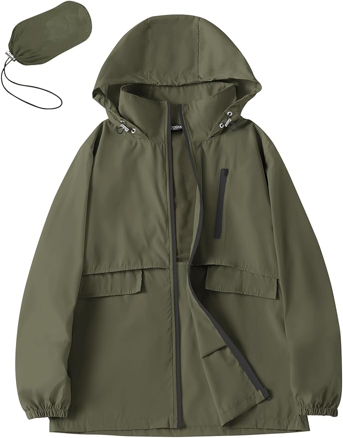 Avoogue Rain Jacket Women with Hooded Lightweight Waterproof Raincoats Packable Zipper Pockets Windbreakers