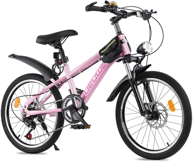 Bueuwe 20 24 Inch Kids Mountain Bike, Children Bicycles for Boys and Girls Ages 6-12, 7 Speed Teenager Bikes with Disc Brakes, Adjustable Handlebars and Seat, Kickstand (Pink, 24 Inch)