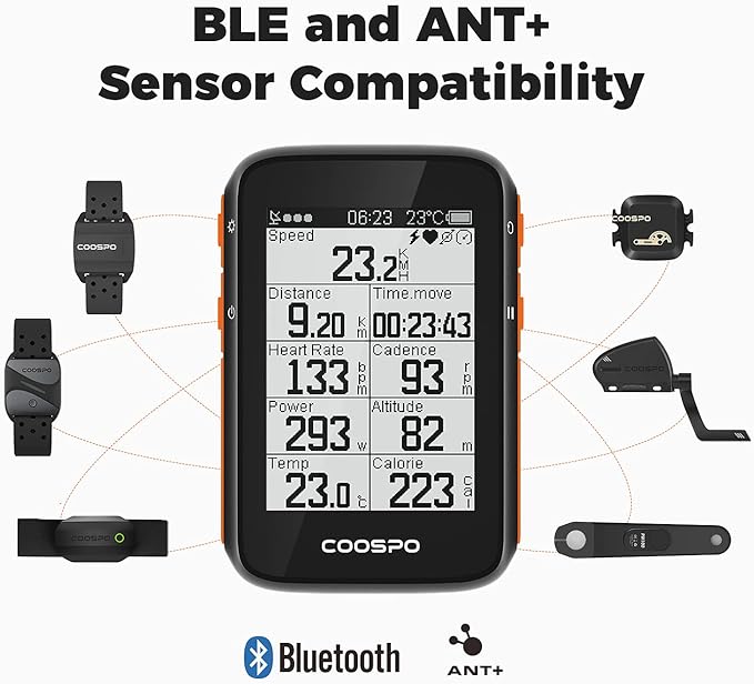 COOSPO Bike Computer Wireless GPS, Bike Speedometer with Auto Backlight, Bluetooth ANT Cycling GPS Computer, Bicycle Computer BC200 with Waterproof, Compatible with CooSporide app