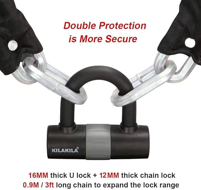 Security Chain Lock - Heavy Duty 10mm Bicycle and Motorbike Lock With 16mm U Lock
