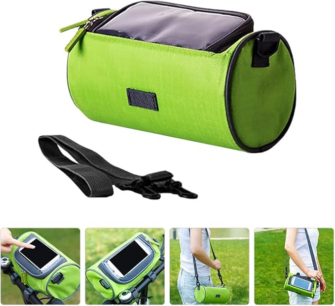 Bike Handlebar Cylinder Pouch Waterproof Front Frame Cellphone Bag with Touchscreen for Mountain Bikes, Portable Cycling Storage in Green