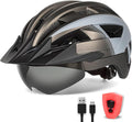Adult Bike Helmet with Visor and Goggles for Men Women Mountain Road Bicycle Helmet Rechargeable Rear Light Cycling Helmet