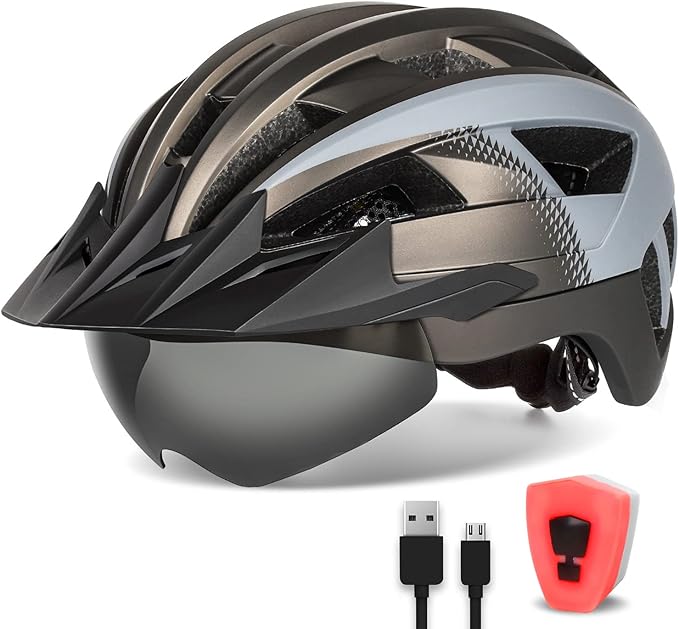 Adult Bike Helmet with Visor and Goggles for Men Women Mountain Road Bicycle Helmet Rechargeable Rear Light Cycling Helmet