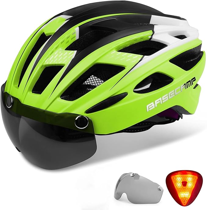 Bike Helmet, Basecamp Bicycle Helmet with Rear Light & Detachable Magnetic Goggles Lightweight Cycling Helmet Adjustable for Adult Men Women Mountain & Road (BC-069)