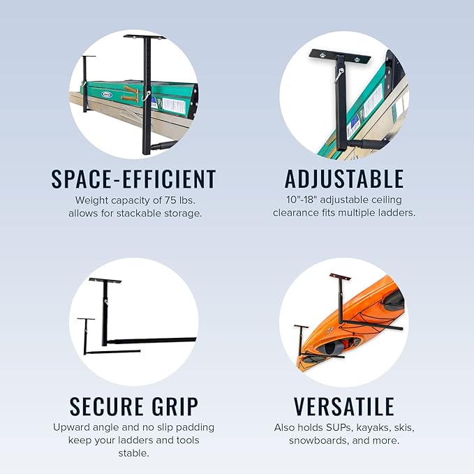 StoreYourBoard Adjustable Overhead Ladder Rack – Garage Organizer Ladder Shelf for Step & Extension Ladders - Storage Racks and Shelving for Garage Organization - Ceiling Mounted - Holds 75 lbs