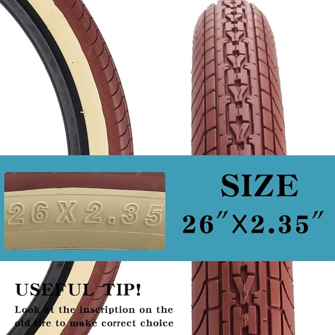 SIMEIQI 26x2.35 20x2.35 Inch Cruiser Beach Bike Tire Black White Wall or Brown Cream Wall Folding Replacement Bicycle Tire for Hybrid City Commuter Trail