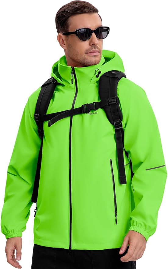 Men's Rain Jacket Waterproof Windproof Breathable for Hiking Cycling Commuting with Hood & Pockets