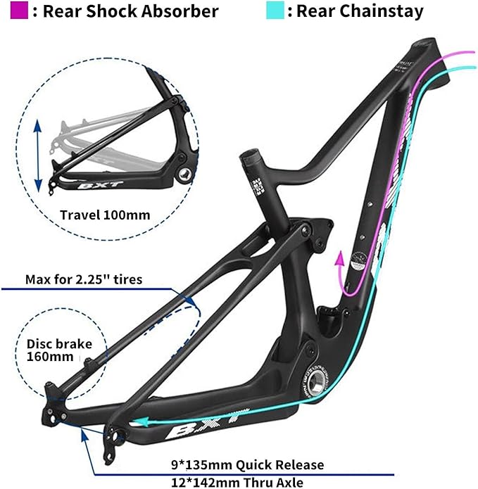 29er Full Suspension Mountain Bike Frame 16/17/19/21inch Carbon Disc Brake Bike Frame XC Soft Tail Enduro Frame Thru-Axle 12 * 142MM/Quick Release 9 * 135MM Travel 100mm(Silver,29 * 16")