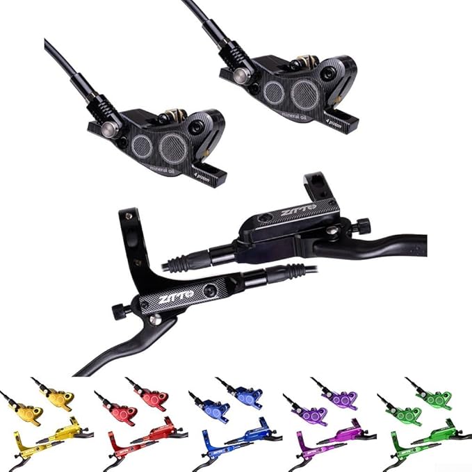 Bicycle Hydraulic Disc Brake Set with Four-Piston Calipers and Aluminum Alloy Construction for Mountain Bike Off-Road and Urban Riding Front/Rear Hose Included(Glod)