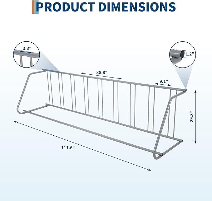 Single Side 9 Bike Floor Rack 110 Inch Length Freestanding Bicycle Parking Stand In Ground Grid Design for Garages Streets Yards and Bike Events Heavy Duty Storage (Grey, Single Side 9 Bike)