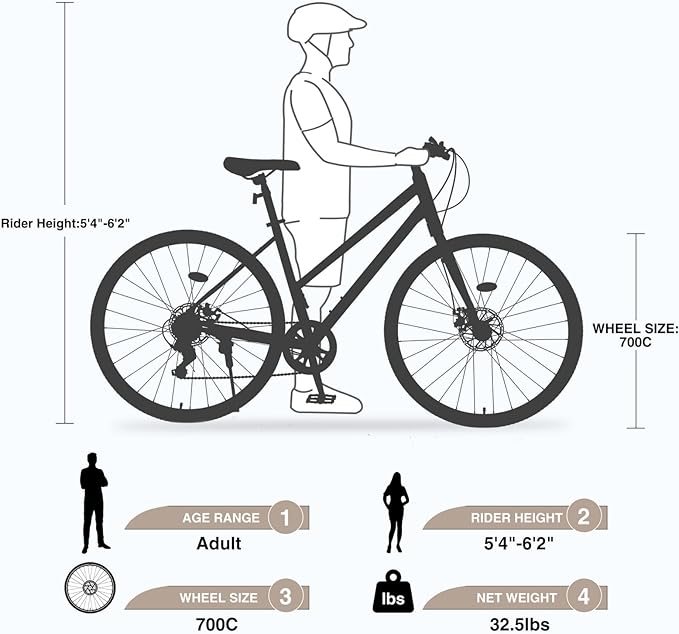 7 Speed Hybrid Road Bike for Men & Women, 700x32C City Commuter Bicycle with Disc Brakes, Steel Frame, Ideal for Outdoor & Fitness Cycling