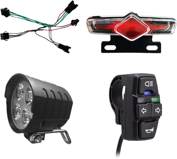 Ebike Headlight and Tail Light Sets, Ebike Light Kit Front Rear Warning Lights with Turning Light, Brake Light, Horn for Riding Cycling