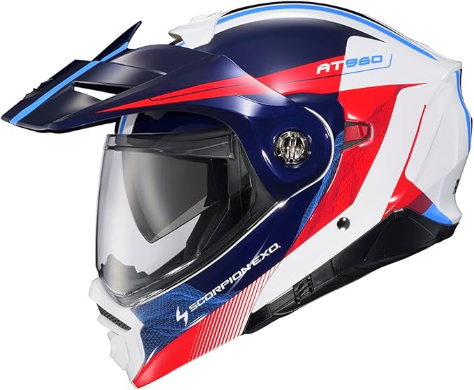 ScorpionEXO AT960 Modular Adventure Street Motorcycle Helmet with Bluetooth Ready Speaker Pockets DOT ECE Approved Topographic 2 (Red/White/Blue - Medium)